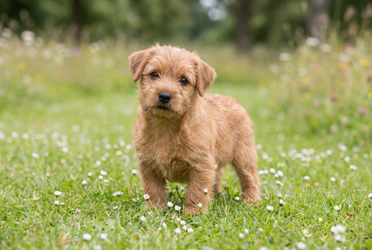 Eight-week-old Norfolk Terrier puppy with soft red puppy coat