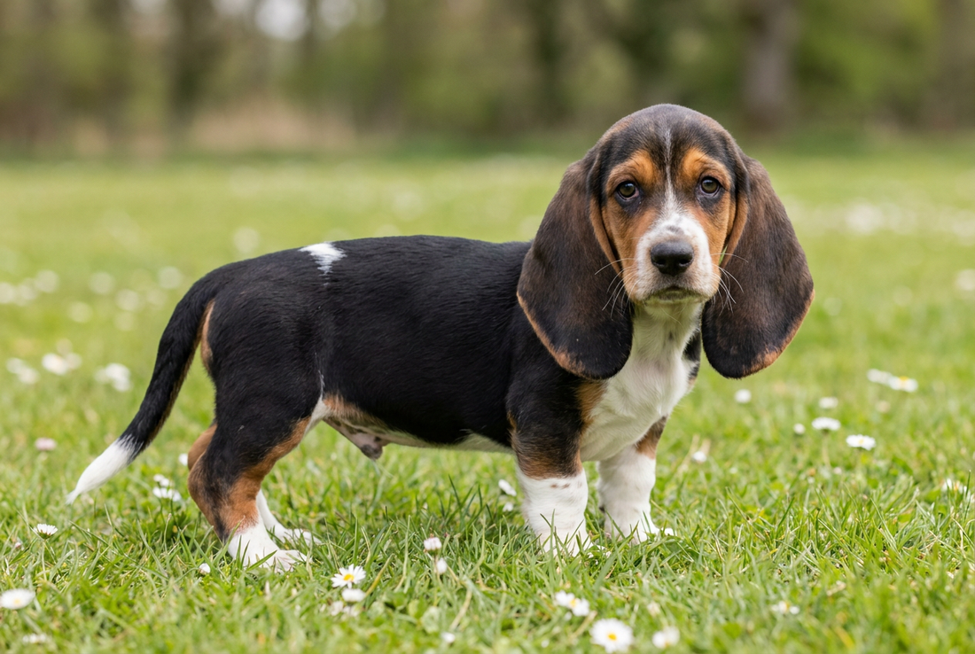 Eight-week-old Basset Hound puppy with smooth tricolor puppy coat with oversized ears