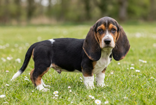 Eight-week-old Basset Hound puppy with smooth tricolor puppy coat with oversized ears