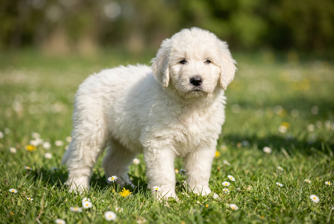 Eight-week-old Komondor puppy with fluffy soft white pre-cord puppy fur