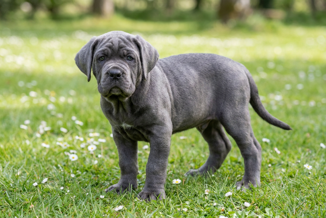 Eight-week-old Neapolitan Mastiff puppy with soft wrinkled blue-gray puppy coat