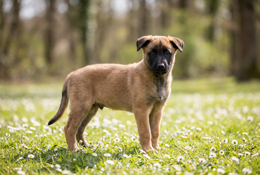 Eight-week-old Belgian Malinois puppy with soft fawn puppy coat with a black mask