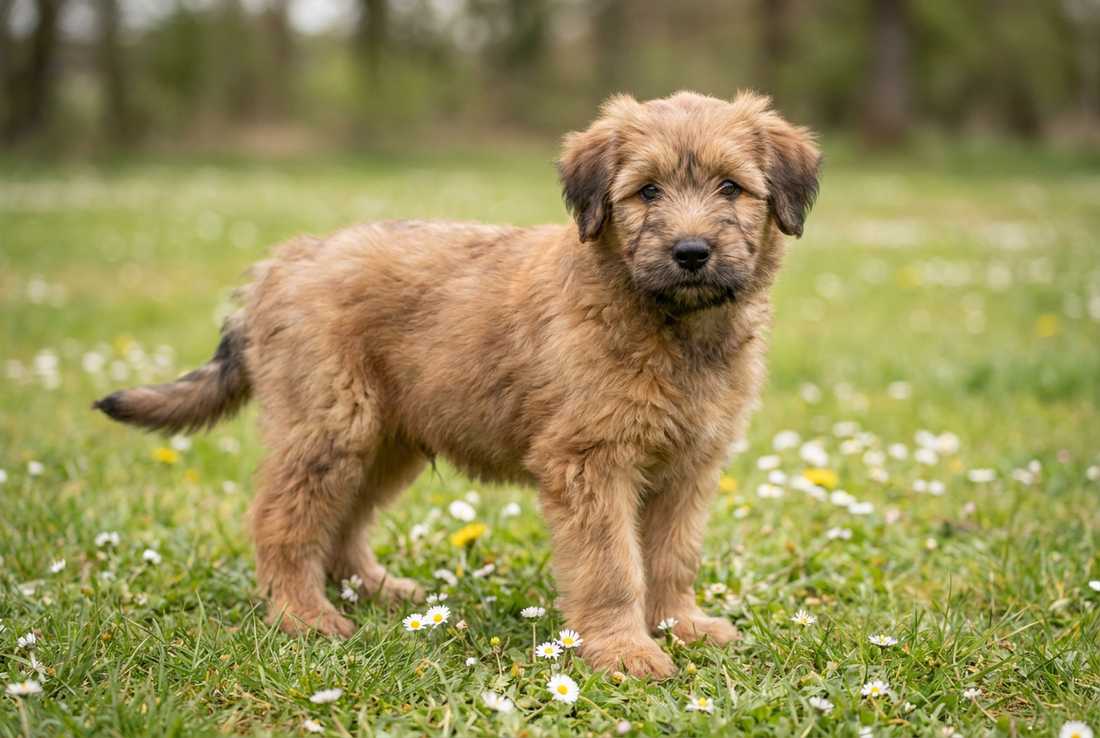 Eight-week-old Briard puppy with soft tawny puppy coat
