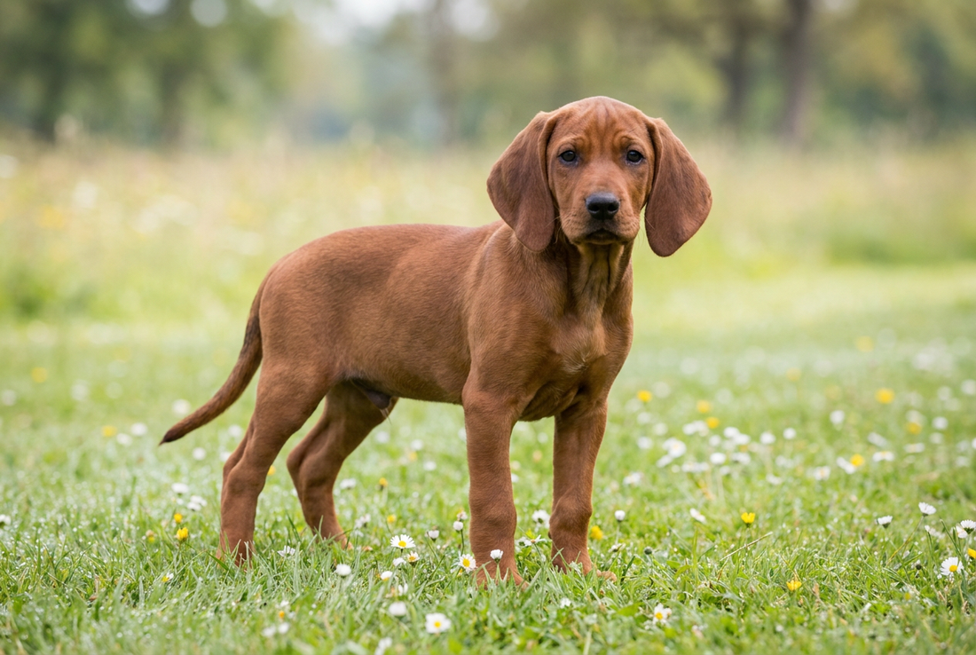 Eight-week-old Redbone Coonhound puppy with smooth red puppy coat