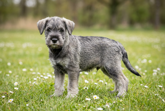 Eight-week-old Standard Schnauzer puppy with soft salt-and-pepper puppy coat