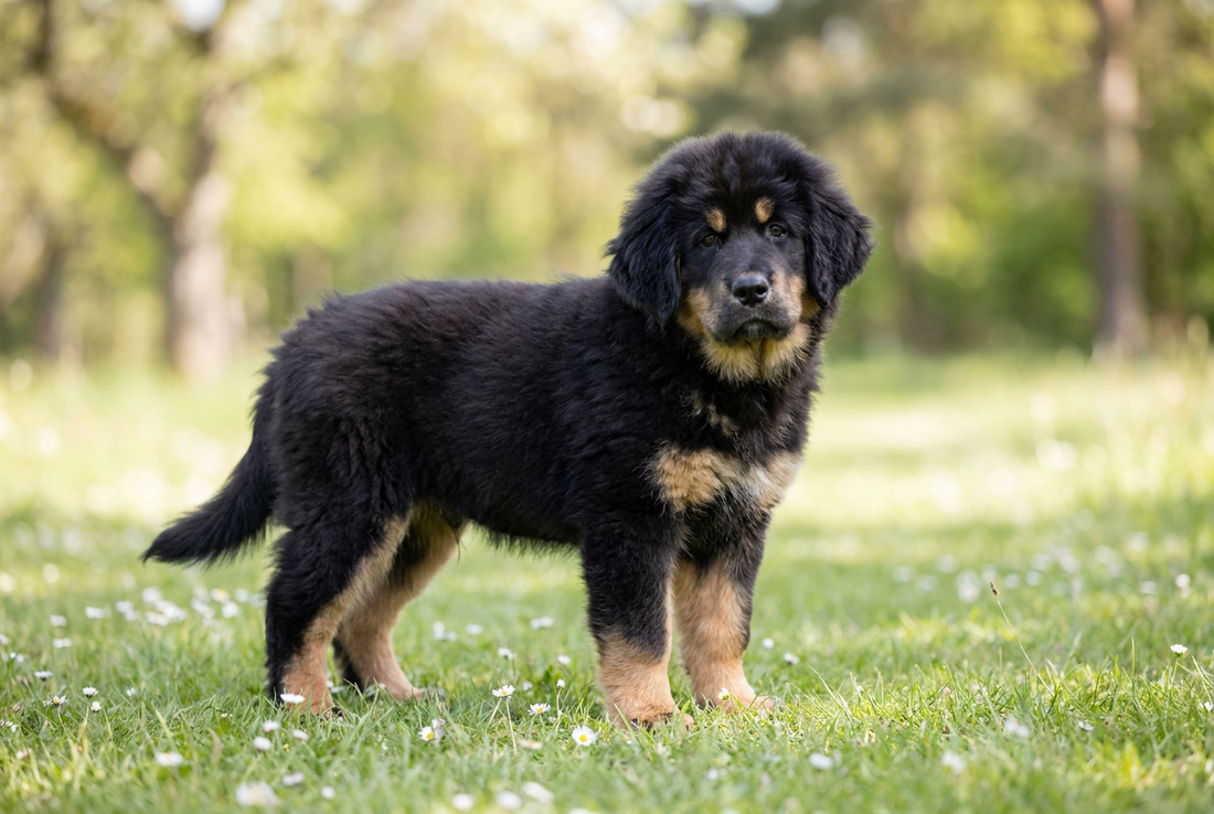 Eight-week-old Tibetan Mastiff puppy with fluffy black-and-tan puppy double coat
