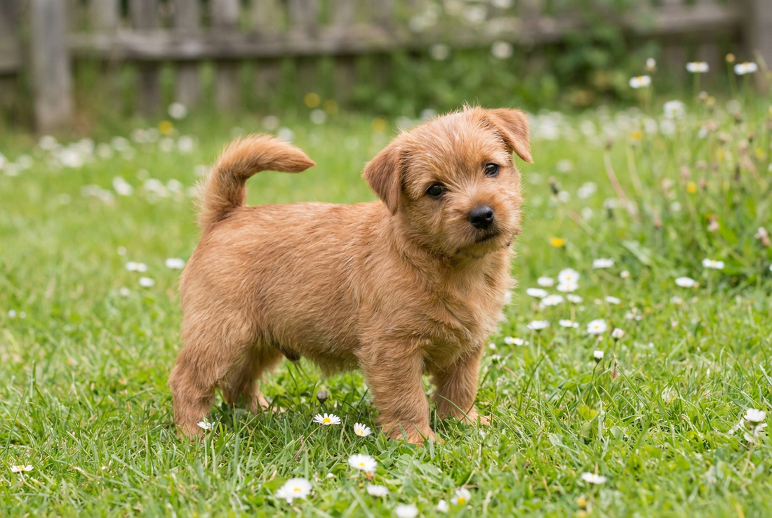 Eight-week-old Norwich Terrier puppy with soft red puppy coat