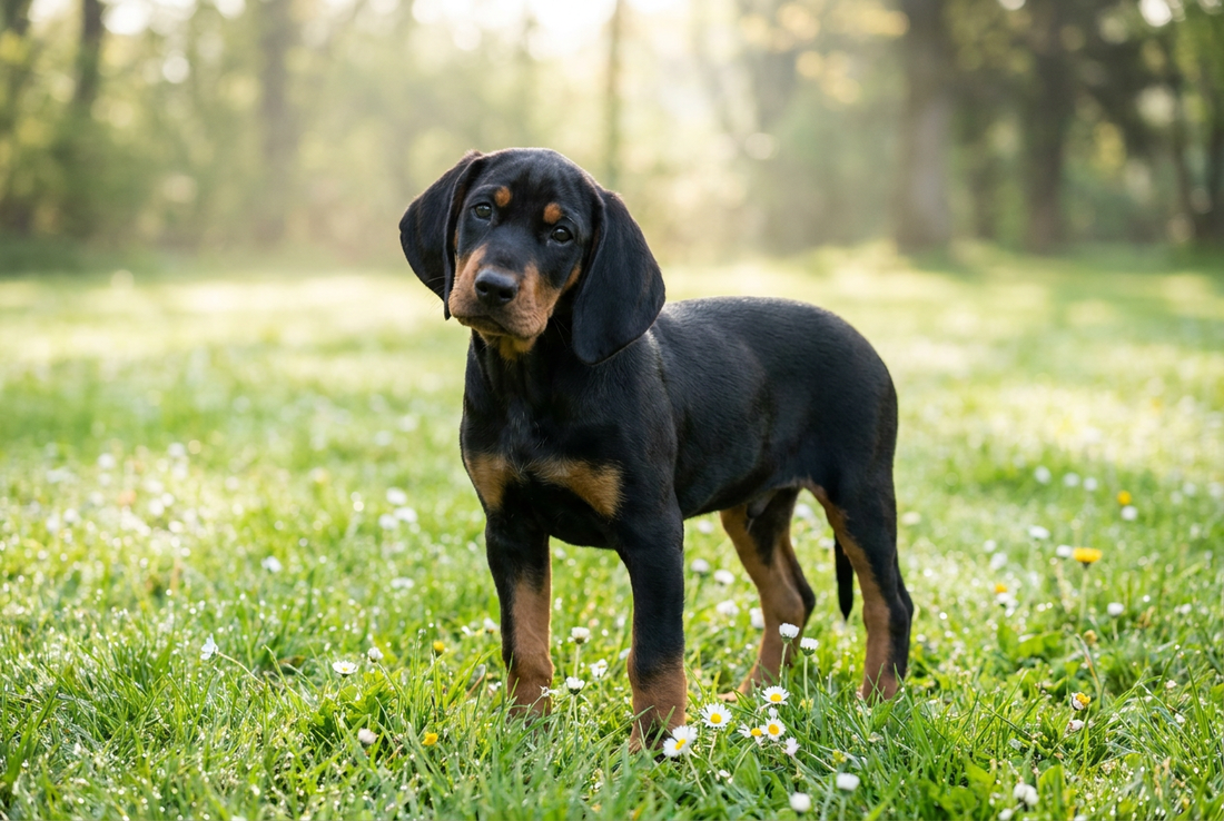 Eight-week-old Black and Tan Coonhound puppy with smooth black-and-tan puppy coat