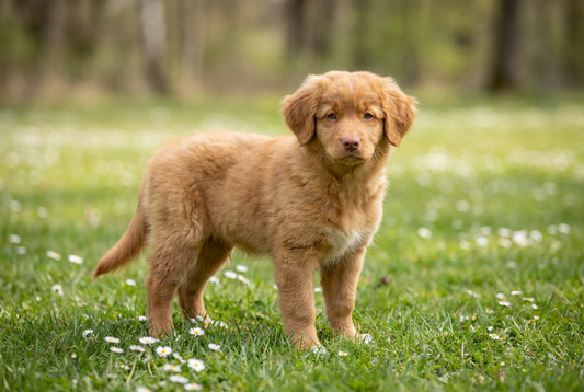 Eight-week-old Nova Scotia Duck Tolling Retriever puppy with soft golden-red puppy coat