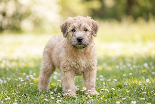 Eight-week-old Soft Coated Wheaten Terrier puppy with soft wheaten puppy coat