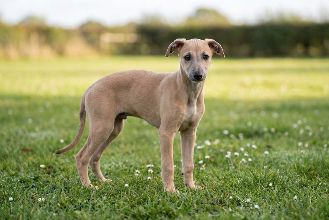 Eight-week-old Greyhound puppy with smooth short fawn puppy coat