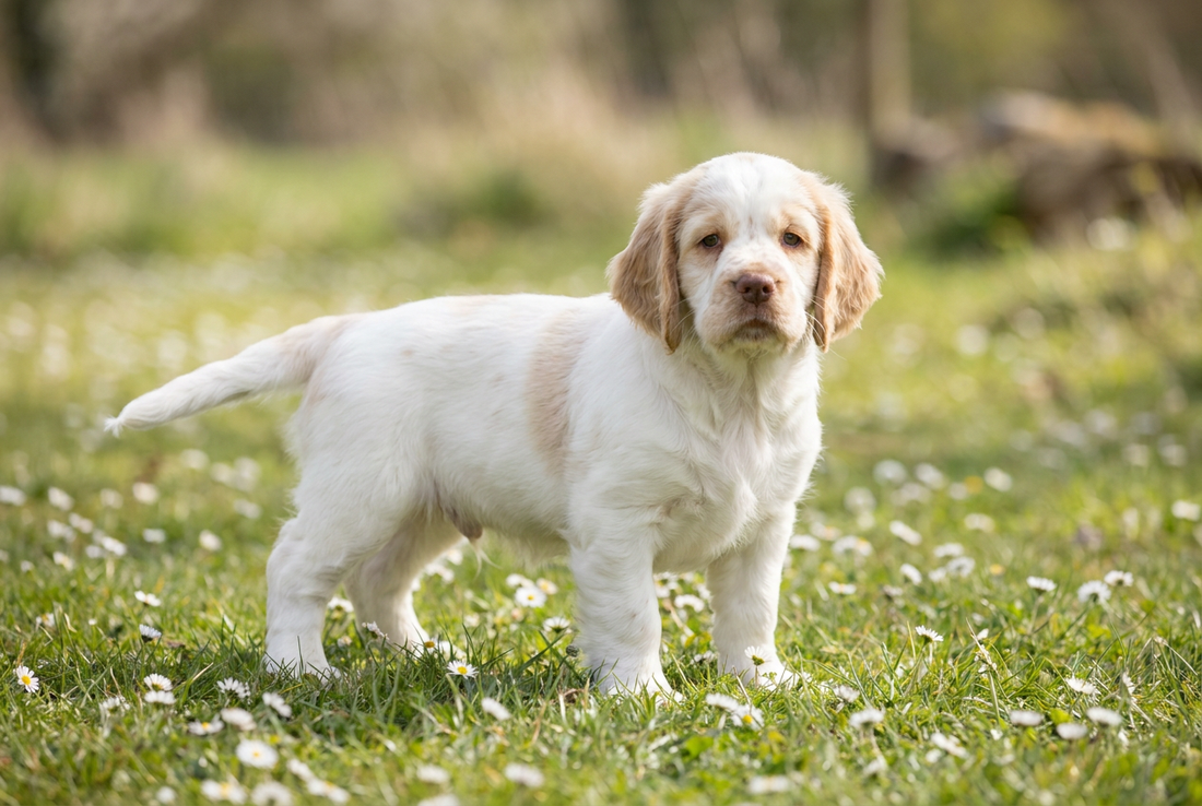 Eight-week-old Clumber Spaniel puppy with soft white-with-lemon puppy coat
