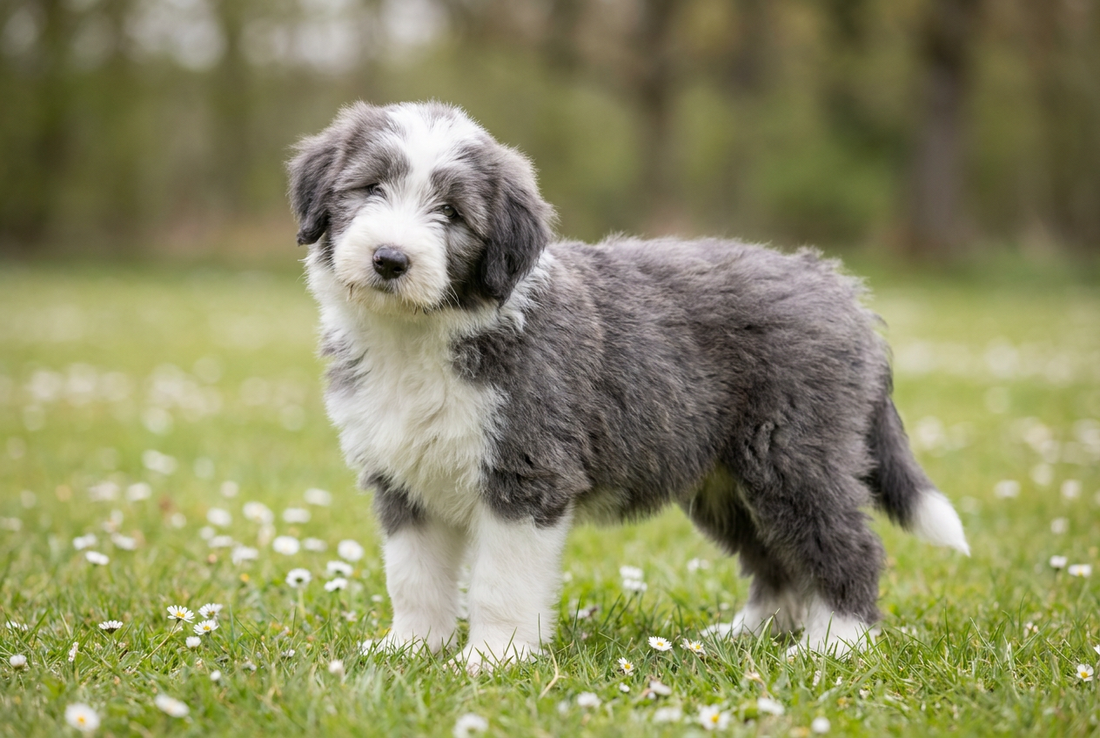 Eight-week-old Bearded Collie puppy with fluffy gray-and-white puppy coat