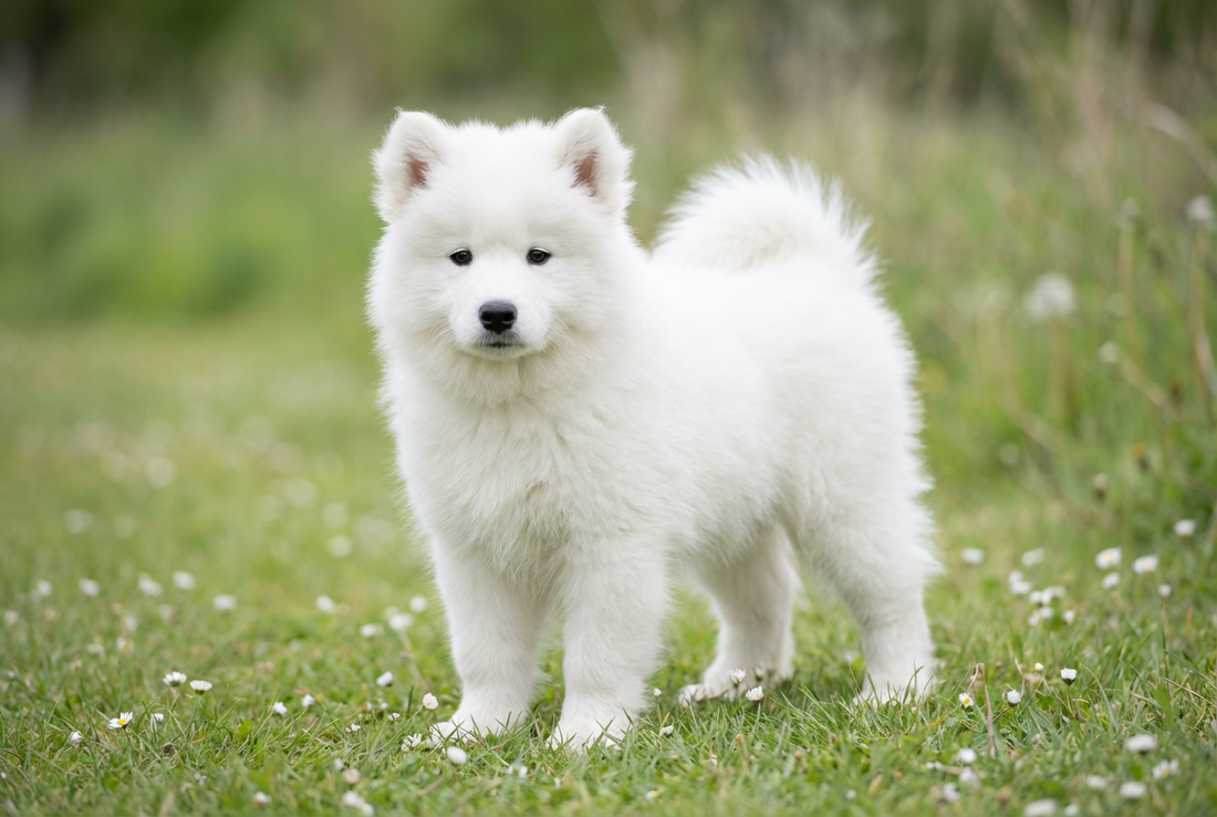 Eight-week-old Samoyed puppy with fluffy pure white puppy double coat
