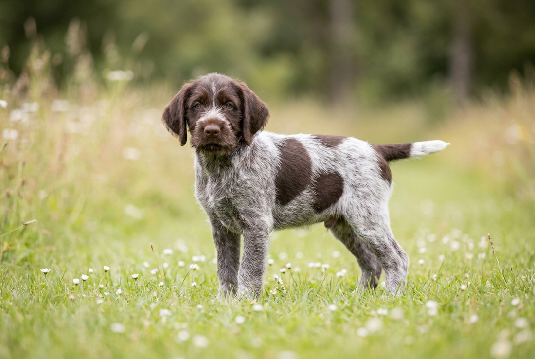 Eight-week-old German Wirehaired Pointer puppy with soft liver-and-white puppy coat (before the wiry adult coat develops)