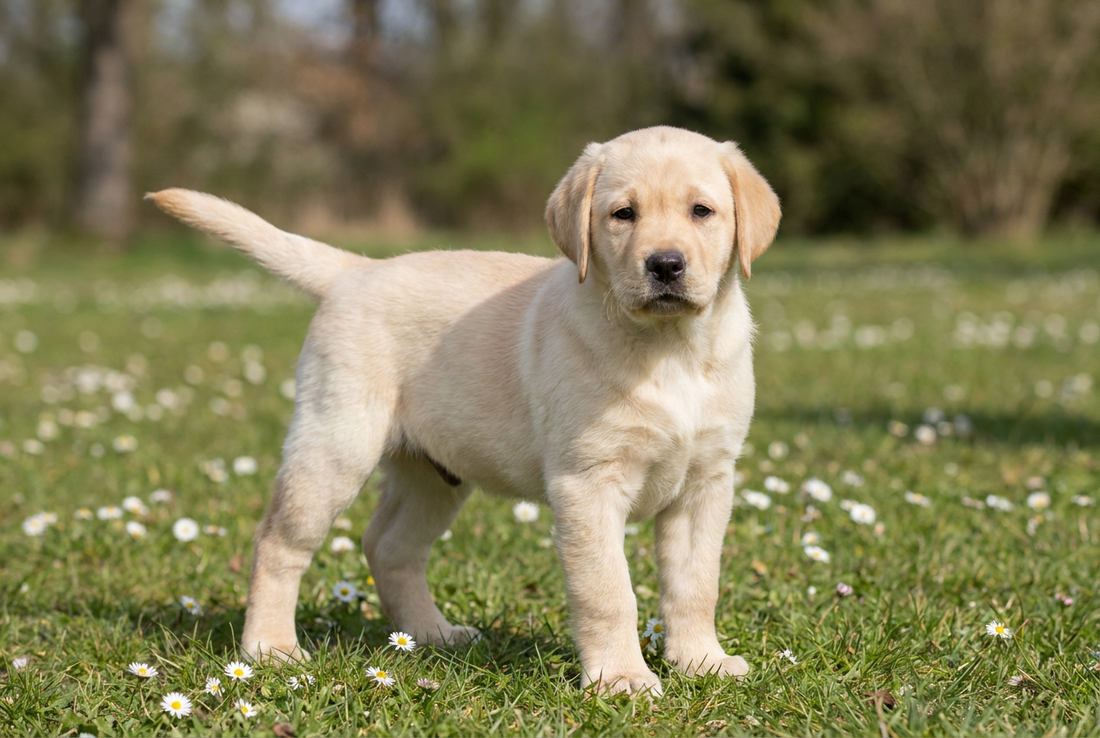 Eight-week-old Labrador Retriever puppy with soft yellow puppy coat