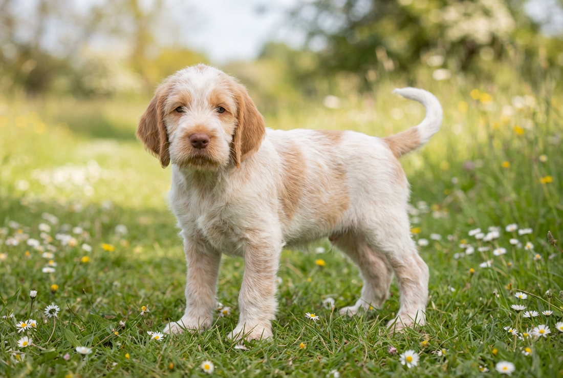 Eight-week-old Spinone Italiano puppy with soft white-and-orange puppy coat