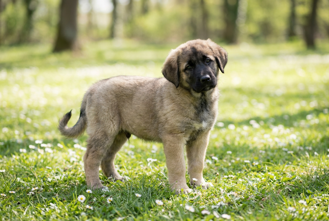 Eight-week-old Anatolian Shepherd Dog puppy with soft fawn puppy coat with a dark mask