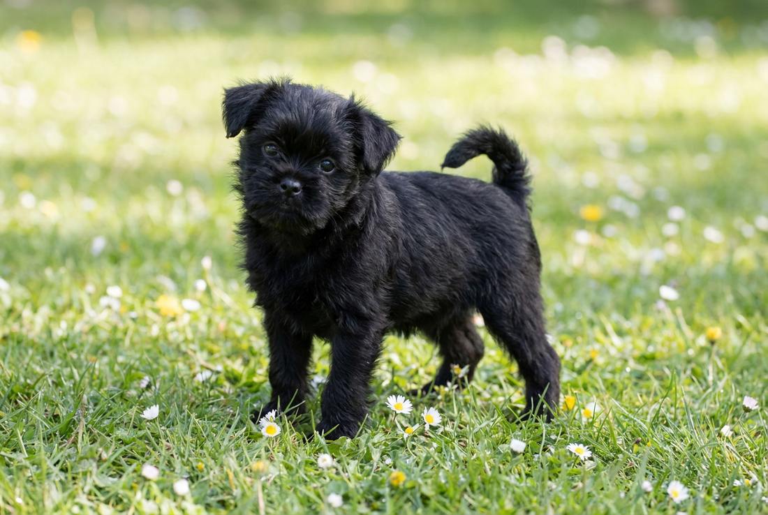 Eight-week-old Affenpinscher puppy with soft black puppy coat
