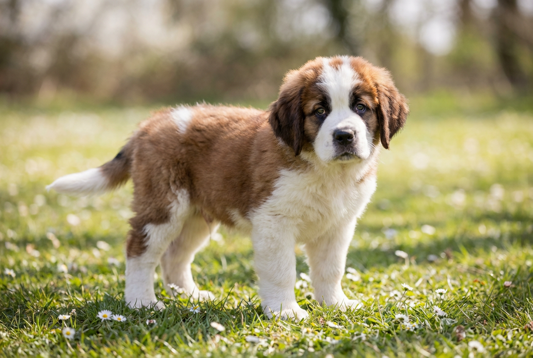 Eight-week-old Saint Bernard puppy with fluffy red-and-white puppy coat