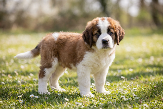 Eight-week-old Saint Bernard puppy with fluffy red-and-white puppy coat