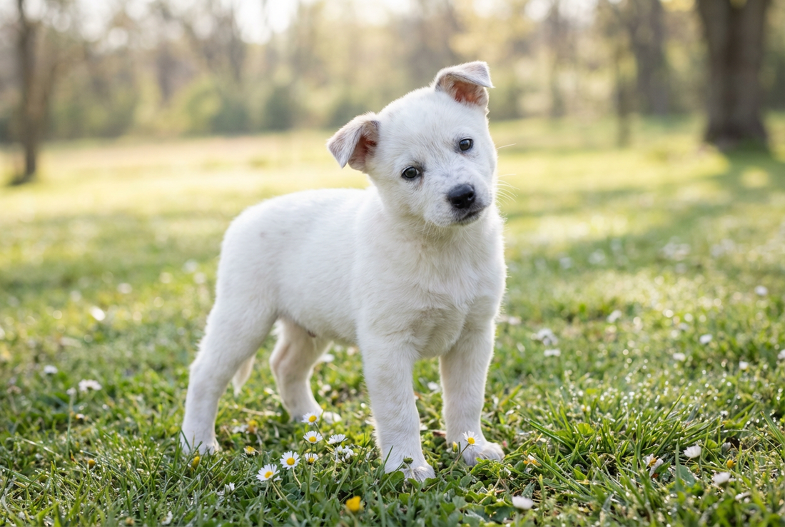Eight-week-old Australian Cattle Dog puppy with fluffy white puppy coat (markings develop over weeks)