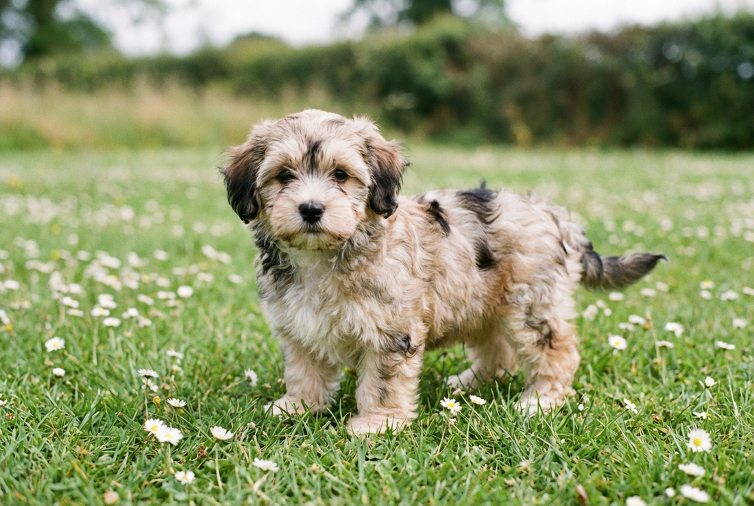 Eight-week-old Havanese puppy with soft wavy multi-color puppy coat