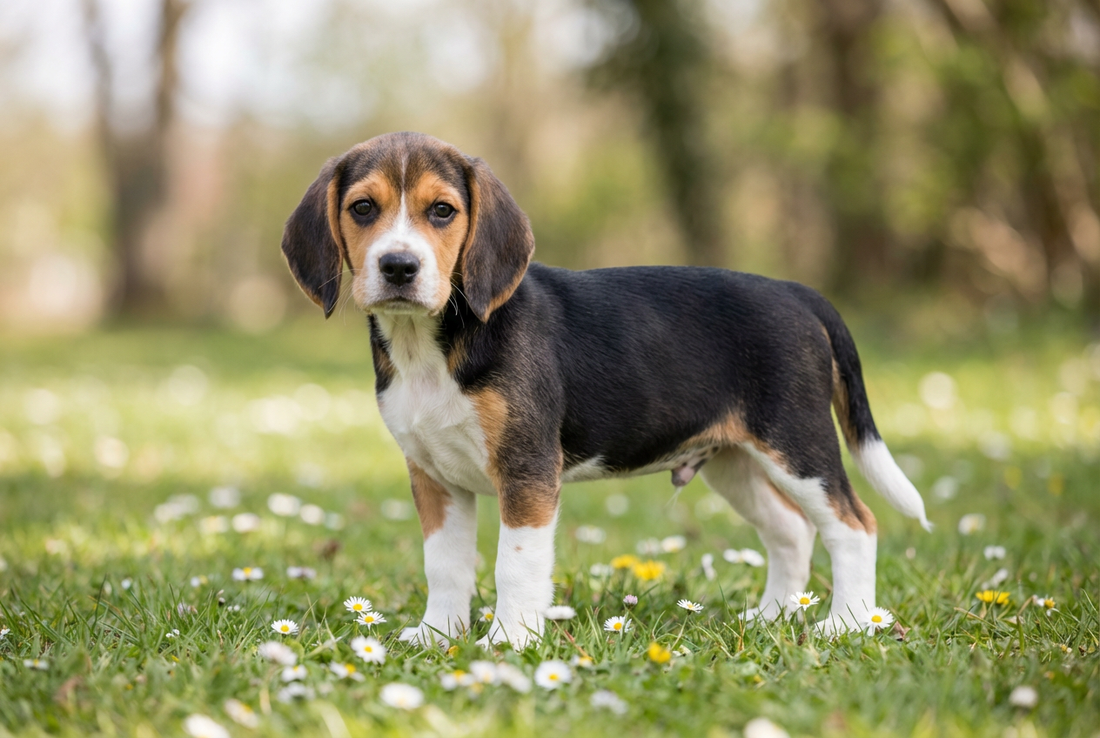 Eight-week-old Beagle puppy with smooth tricolor puppy coat