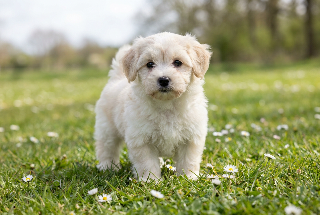 Eight-week-old Lowchen puppy with soft white-and-cream puppy coat