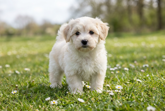 Eight-week-old Lowchen puppy with soft white-and-cream puppy coat