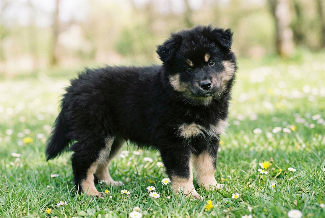 Eight-week-old Finnish Lapphund puppy with fluffy black puppy double coat