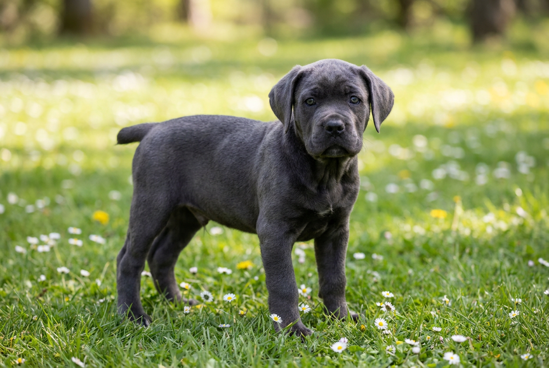 Eight-week-old Cane Corso puppy with soft black or gray puppy coat