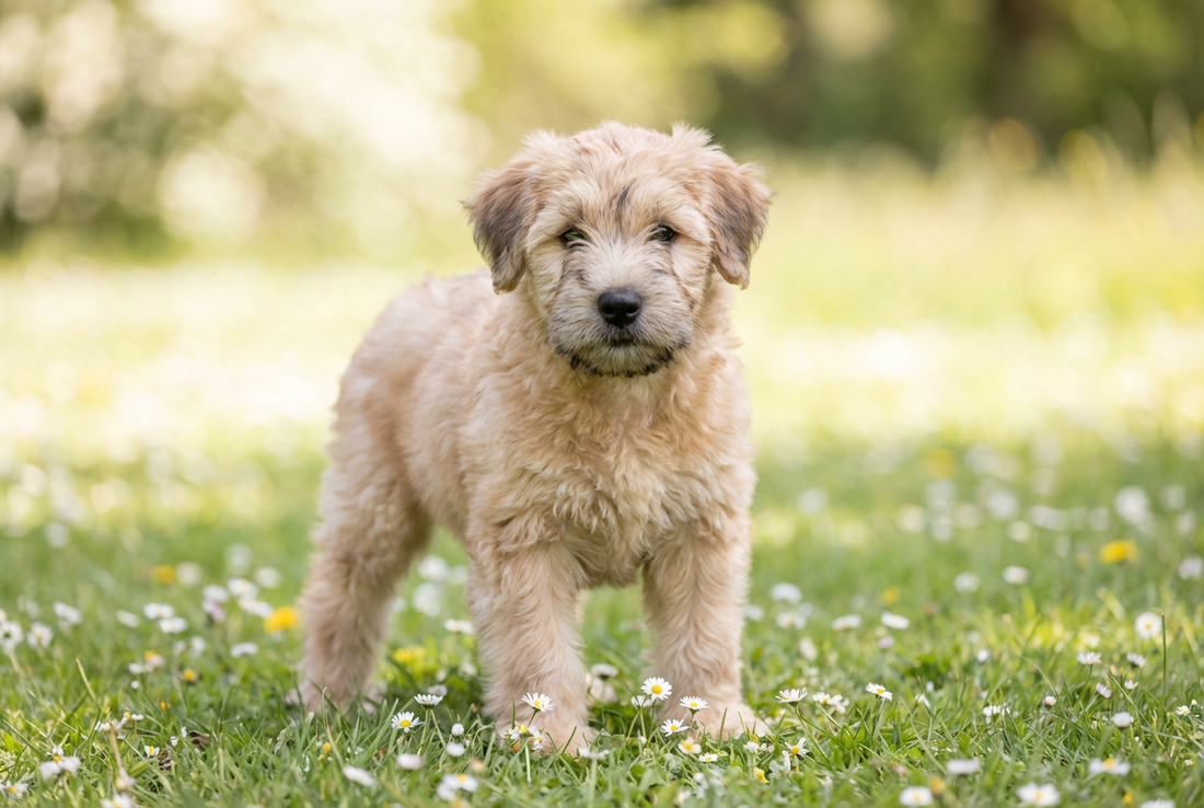 Eight-week-old Soft Coated Wheaten Terrier puppy with soft wheaten puppy coat