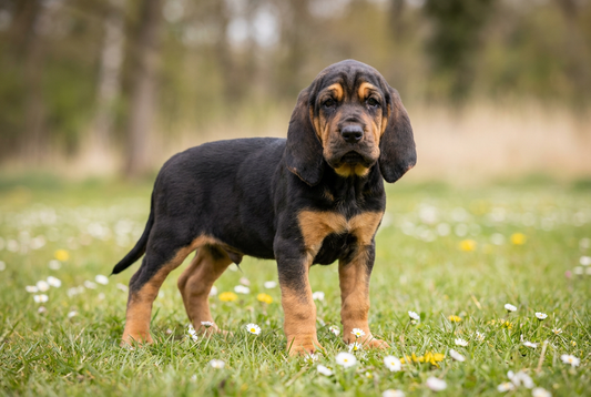 Eight-week-old Bloodhound puppy with smooth wrinkled black-and-tan puppy coat