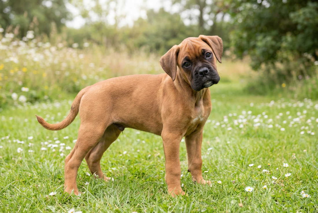 Eight-week-old Boxer puppy with smooth fawn puppy coat