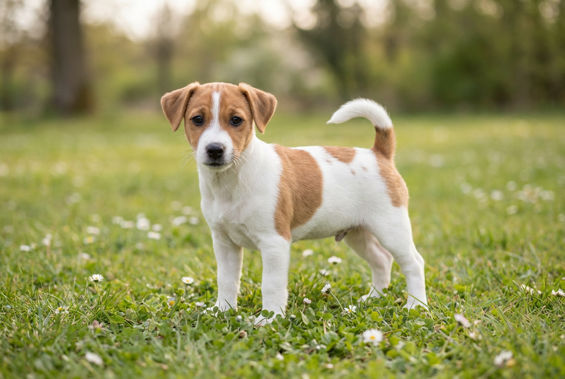 Eight-week-old Russell Terrier puppy with smooth white-with-tan puppy coat