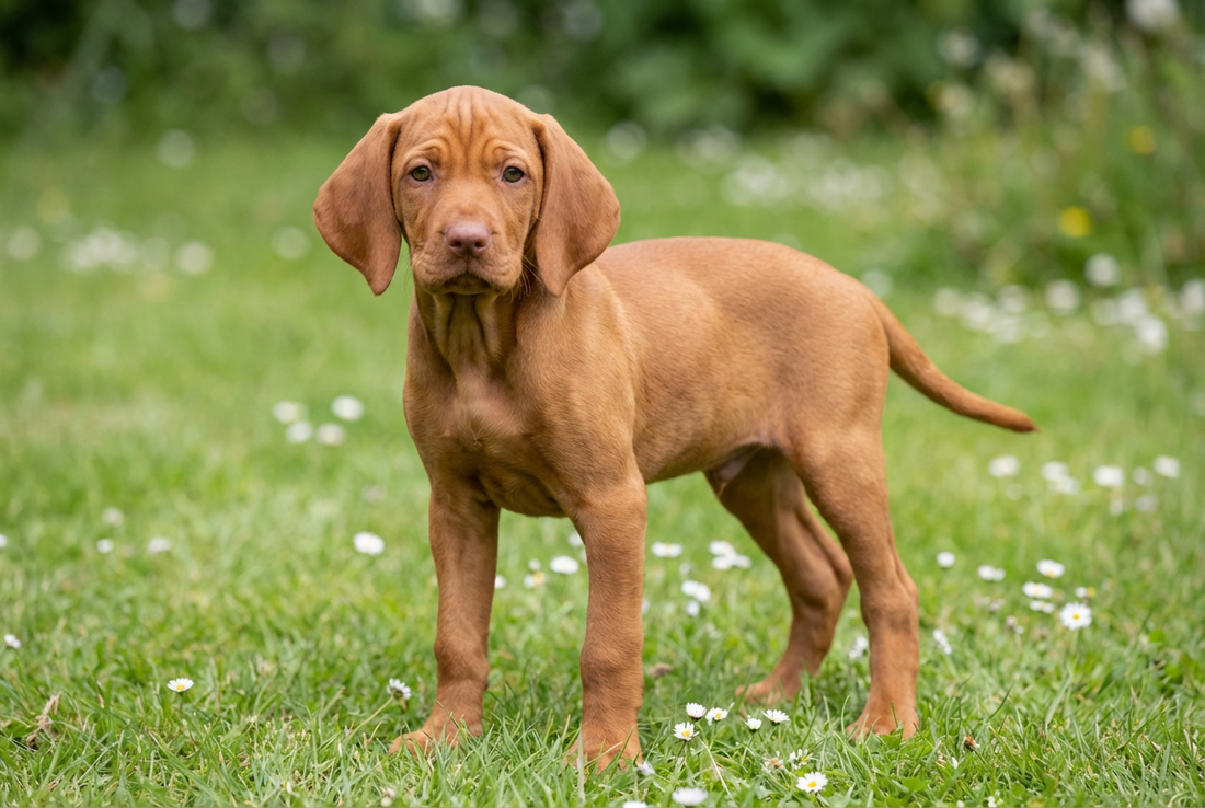 Eight-week-old Vizsla puppy with smooth rust-golden puppy coat