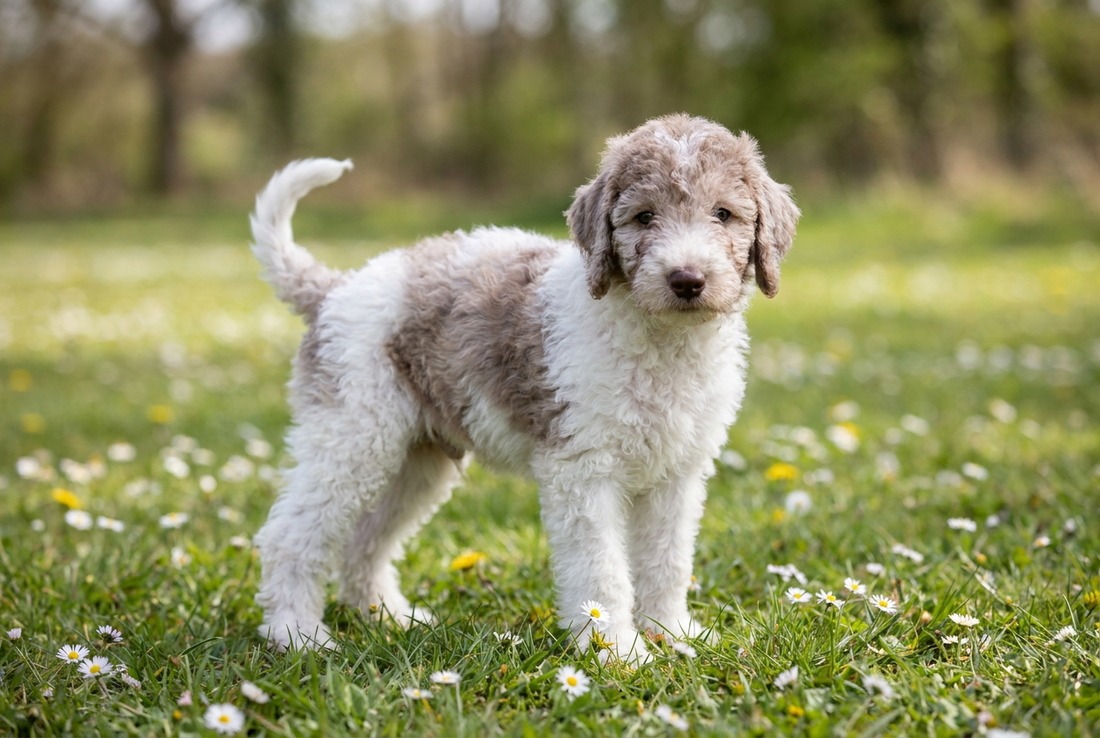 Eight-week-old Bedlington Terrier puppy with soft fluffy crisp curly puppy coat