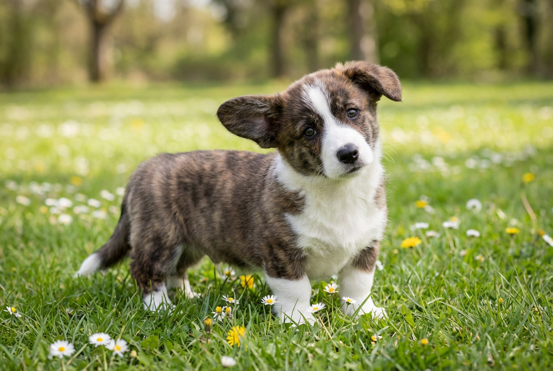 Eight-week-old Cardigan Welsh Corgi puppy with fluffy brindle puppy coat with oversized ears