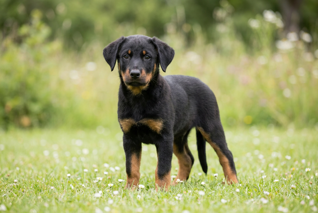 Eight-week-old Beauceron puppy with smooth black-and-tan puppy coat