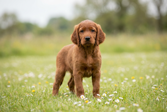 Eight-week-old Irish Setter puppy with soft mahogany puppy coat
