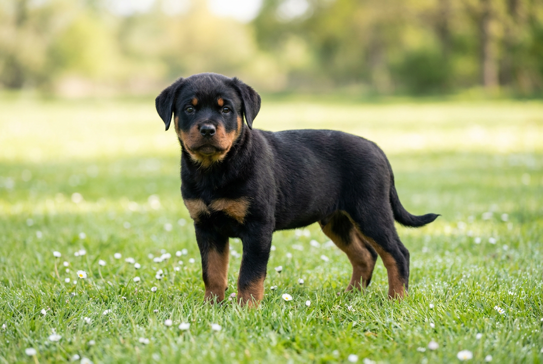 Eight-week-old Rottweiler puppy with smooth black-and-mahogany puppy coat