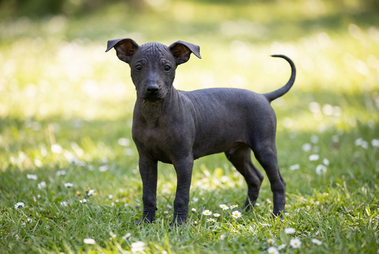 Eight-week-old Xoloitzcuintli puppy with smooth dark gray-black hairless puppy skin
