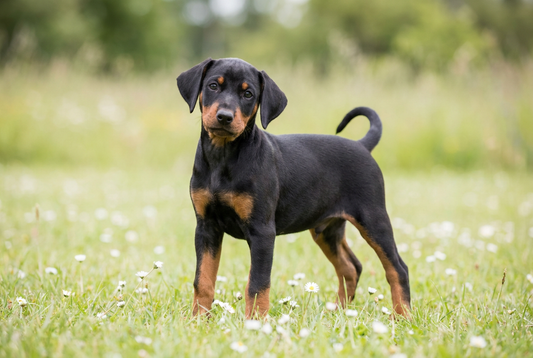 Eight-week-old German Pinscher puppy with smooth black-and-rust puppy coat