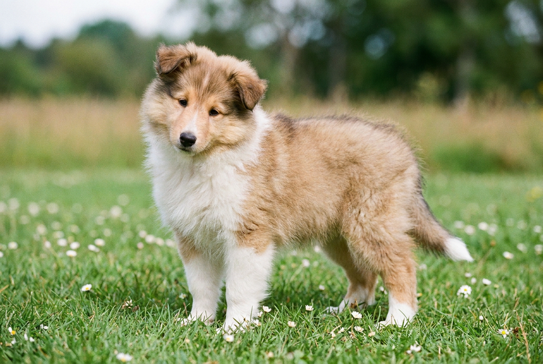 Eight-week-old Collie (Rough Collie) puppy with fluffy sable-and-white puppy coat