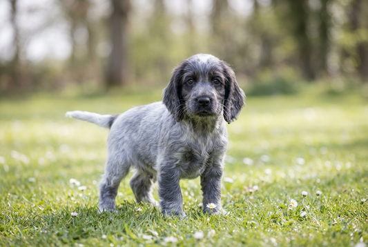 Eight-week-old English Cocker Spaniel puppy with soft blue roan puppy coat