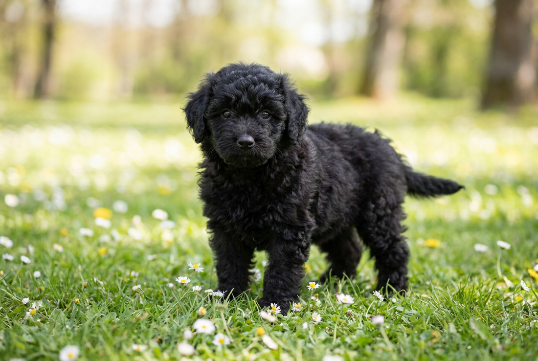 Eight-week-old Puli puppy with fluffy soft black pre-cord puppy fur