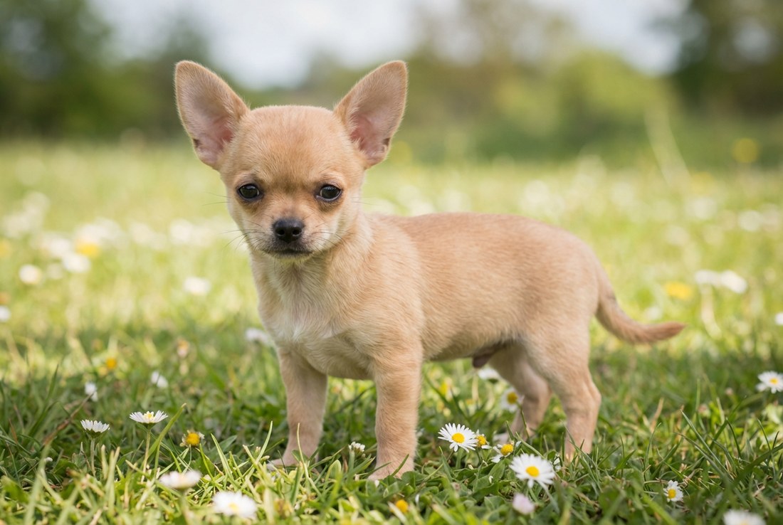 Eight-week-old Chihuahua puppy with smooth fawn puppy coat with oversized ears