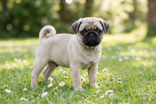 Eight-week-old Pug puppy with smooth fawn puppy coat with curled tail and wrinkled face