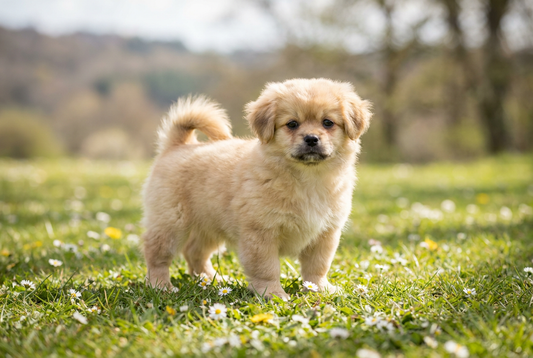 Eight-week-old Tibetan Spaniel puppy with soft golden puppy coat